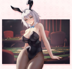Rule 34 | 1girl, alternate costume, animal ears, aztodio, bare arms, bare shoulders, black hairband, black leotard, black pantyhose, blue bow, blue bowtie, bow, bowtie, breasts, cleavage, closed mouth, commentary, cowboy shot, detached collar, english commentary, fake animal ears, fate/grand order, fate (series), grey hair, hairband, jeanne d&#039;arc alter (fate), large breasts, leotard, looking at viewer, pantyhose, poker table, rabbit ears, short hair, smile, solo, table, thighs, yellow eyes