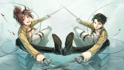 1boy 1girl black_eyes black_hair boots brown_hair eyewear_on_head glasses haccaadi hange_zoe highres jacket levi_(shingeki_no_kyojin) ponytail shingeki_no_kyojin sword symmetry thigh_strap three-dimensional_maneuver_gear weapon wire