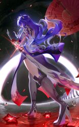 Rule 34 | 1girl, absurdres, acheron (honkai: star rail), black gloves, from behind, full body, gloves, high heels, highres, holding, holding sword, holding weapon, honkai: star rail, honkai (series), long hair, looking at viewer, multicolored hair, purple eyes, purple hair, solo, standing, streaked hair, sword, umbrella, very long hair, weapon, xary