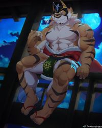 Rule 34 | 1boy, abs, animal ears, bara, bare pectorals, beige fur, blush, bulge, cancerdoge, drunk, facial hair, full body, full moon, fur-trimmed jacket, fur trim, furry, furry male, goatee, highres, jacket, large pectorals, live a hero, looking at viewer, male focus, mask, mature male, moon, muscular, muscular male, night, night sky, nipples, official alternate costume, open clothes, open jacket, orange fur, pectorals, pelvic curtain, red jacket, ryekie (drunk tiger) (live a hero), ryekie (live a hero), sandals, santa costume, short hair, sky, solo, spread legs, stomach, thick thighs, thighs, tiger boy, tiger ears, two-tone fur