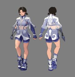 Rule 34 | 1girl, absurdres, black eyes, black hair, blue bra, blue shorts, blue sports bra, bra, breasts, character sheet, clenched hands, commentary, hair ornament, hairpin, highres, jacket, mechanical arms, midriff, original, see-through, see-through jacket, shoes, short twintails, shorts, shrug (clothing), single mechanical arm, sleeves past wrists, small breasts, sneakers, sports bra, teecee zhang, twintails, underwear