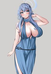 Rule 34 | 1girl, :o, ako (blue archive), ako (dress) (blue archive), arm up, bare shoulders, blue archive, blue dress, blue eyes, blue hair, blush, breasts, clenched teeth, commentary, covered erect nipples, cowboy shot, cuffs, dress, evening gown, grey background, halo, highres, hip vent, large breasts, long hair, looking at viewer, official alternate costume, shackles, simple background, skindentation, solo, sweat, teeth, tf cafe