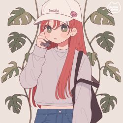 Rule 34 | 1girl, absurdres, artist name, bag, baseball cap, bright pupils, cellphone, commentary request, emma (kumaema), green eyes, grey sweater, hair over shoulder, hat, highres, holding, holding phone, huge filesize, long hair, long sleeves, original, parted lips, phone, plant, red hair, shoulder bag, smartphone, solo, sweater, upper body, white hat, white pupils