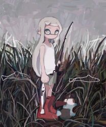 Rule 34 | 1girl, boots, braid, closed mouth, dr mice, fish, fishing rod, full body, grass, grey hair, highres, holding, holding fishing rod, inkling, inkling girl, inkling player character, long hair, looking at viewer, nintendo, pointy ears, red footwear, rubber boots, salmonid, shorts, side braid, smallfry (splatoon), splatoon (series), splatoon 3, standing, tall grass, tank top, tentacle hair, white tank top