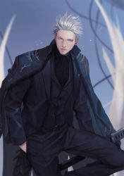 Rule 34 | 1boy, belt, blue coat, blurry, blurry background, closed mouth, coat, coat on shoulders, devil may cry (series), devil may cry 5, formal, grey eyes, hair slicked back, highres, holding, holding sword, holding weapon, holdp a, katana, male focus, outdoors, scabbard, sheath, sheathed, silver hair, smile, solo, spoilers, suit, sword, tail, vergil (devil may cry), weapon