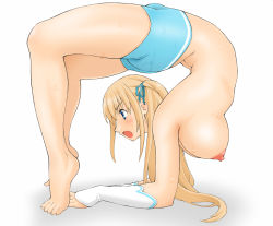 Rule 34 | 10s, 1girl, :o, all fours, amagi brilliant park, arched back, arm warmers, bad id, bad pixiv id, barefoot, blonde hair, blue eyes, blue ribbon, blush, breasts, contortion, flexible, from side, full body, hair ribbon, highres, large breasts, long hair, nipples, open mouth, profile, ribbon, shorts, simple background, solo, stretching, sweat, sylphy (amaburi), topless, two side up, white background