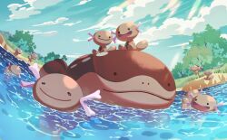 Rule 34 | afloat, clodsire, closed mouth, cloud, commentary, creatures (company), day, evolutionary line, game freak, grass, highres, nintendo, no humans, outdoors, paldean wooper, pokemon, pokemon (creature), riding, riding pokemon, sky, smile, tree, water, yono 999