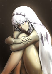 Rule 34 | 152 in can, 1girl, absurdres, altera (fate), black nails, bracelet, crossed arms, fate/grand order, fate (series), hair between eyes, highres, hugging own legs, jewelry, looking at viewer, nail polish, nude, red eyes, short hair, silver hair, sitting, solo