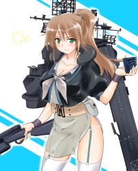 Rule 34 | 1girl, adapted costume, alternate hair length, alternate hairstyle, black shirt, bolt action, breasts, brown hair, commentary request, cowboy shot, flight deck, garter straps, green eyes, grey neckwear, grey skirt, gun, intrepid (kancolle), kantai collection, large breasts, long hair, looking at viewer, m1903 springfield, machinery, neck pillow, panties, pantyshot, ponytail, rifle, shirt, skirt, smile, solo, tachibana hiroki, thighhighs, two-tone background, underwear, weapon, white background