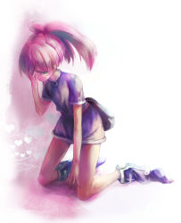 Rule 34 | 1girl, covering face, frown, full body, green eyes, highres, kneeling, looking away, male focus, one eye covered, original, pink hair, riinu (ir-n), sad, solo, tunic, white background