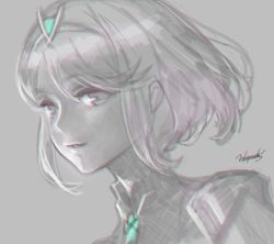 Rule 34 | 1girl, earrings, greyscale, hair ornament, jewelry, looking at viewer, monochrome, nintendo, pyra (xenoblade), short hair, simple background, smile, solo, tiara, white background, xenoblade chronicles (series), xenoblade chronicles 2, xenoblade chronicles (series), xenoblade chronicles 2