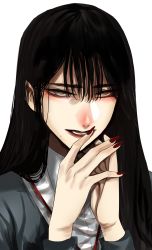 Rule 34 | 1girl, black hair, fingernails, grey eyes, hands up, highres, hoshi san 3, lanyard, long hair, looking at viewer, nail polish, open mouth, original, own hands together, portrait, red nails, shirt, simple background, solo, white background, white shirt