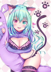 Rule 34 | 1girl, :d, absurdres, animal ear fluff, animal ears, antenna hair, aqua eyes, aqua hair, argyle, argyle background, argyle clothes, between legs, black bra, black panties, black thighhighs, blush, bra, breasts, cat ears, cat girl, cat tail, cleavage, clothes lift, commentary request, crossed bangs, fangs, heart, heterochromia, highres, hugging doll, hugging object, lace, lace-trimmed bra, lace trim, large breasts, lingerie, long hair, long sleeves, looking at viewer, navel, open mouth, original, panties, purple sweater, red eyes, ribbed sweater, sleeves past wrists, smile, solo, stomach, stuffed animal, stuffed toy, sweater, sweater lift, tail, tenzeru, thighhighs, underwear