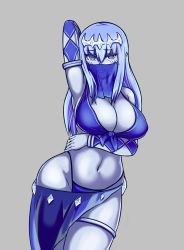 Rule 34 | 1girl, adapted costume, arm behind head, arm up, armpits, bikini, blue bikini, blue eyes, blue hair, blue skin, blush, breasts, cleavage, colored skin, commentary, cowboy shot, dancer, diadem, elemental (creature), facial mark, grey background, hair between eyes, highres, ice elemental, ice queen (monster girl encyclopedia), large breasts, long hair, looking at viewer, monster girl encyclopedia, nav (itsnav), navel, parted lips, simple background, smile, solo, swimsuit, veil
