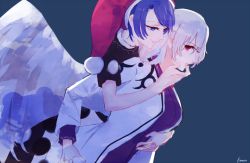 Rule 34 | 2girls, blue eyes, blue hair, doremy sweet, dress, feathered wings, from side, hat, hug, hug from behind, jacket, kishin sagume, kotaro-nosuke, looking at another, multiple girls, nightcap, open clothes, open jacket, open mouth, pom pom (cheerleading), red eyes, short hair, single wing, touhou, white hair, white jacket, wings, yuri