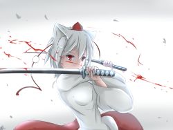 Rule 34 | 1girl, animal ears, bare shoulders, blood, detached sleeves, guy963852, hat, inubashiri momiji, katana, looking at viewer, red eyes, red hat, short hair, silver hair, simple background, solo, sword, tokin hat, touhou, weapon, white background, wolf ears