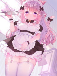 Rule 34 | 1girl, absurdres, animal ears, apron, bell, black bow, black bowtie, black dress, blunt bangs, blush, bow, bowtie, cat ears, cat girl, cat tail, closed mouth, cowboy shot, cup, dress, frilled dress, frills, from below, garter straps, hair bow, hair ornament, hair over shoulder, highres, holding, holding tray, indoors, long hair, looking at viewer, looking down, maid, maid apron, maid day, maid headdress, miwachi (38mofu), neck bell, original, pink hair, purple eyes, short dress, short sleeves, skirt hold, solo, tail, tail bow, tail ornament, tail raised, teacup, teapot, thighhighs, tray, two side up, white thighhighs, wrist cuffs, x hair ornament, zettai ryouiki, ||/