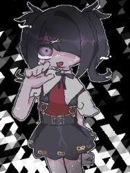 Rule 34 | 1girl, ame-chan (needy girl overdose), black hair, black ribbon, black skirt, collared shirt, commentary request, cowboy shot, hair ornament, hair over one eye, hand up, highres, jaggy lines, long hair, looking at viewer, neck ribbon, needy girl overdose, nemurumi, outline, purple eyes, red shirt, ribbon, shaded face, shirt, skirt, solo, standing, suspender skirt, suspenders, sweat, twintails, white outline, x hair ornament