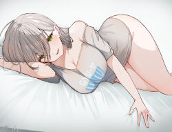 Rule 34 | 1girl, blush, breasts, green eyes, grey hair, hair between eyes, hololive, large breasts, long hair, looking at viewer, lying, on side, shirogane noel, shirt, single bare shoulder, smile, solo, thighs, uo illust, virtual youtuber
