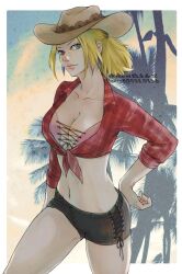 Rule 34 | 1girl, black shorts, blonde hair, blue eyes, breasts, cleavage, cowboy hat, crop top, denim, denim shorts, final fight, hand on own hip, hat, large breasts, lucia morgan, midriff, nishinb, official alternate costume, palm tree, shirt, shorts, solo, street fighter, street fighter v, tied shirt, tree