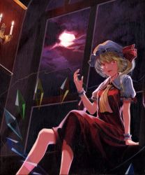 Rule 34 | 1girl, arm up, ascot, bad id, bad pixiv id, blonde hair, candle, candlestand, cloud, cloudy sky, dress, embodiment of scarlet devil, female focus, flandre scarlet, full moon, hat, licking lips, moon, oil painting (medium), painting (medium), red dress, red eyes, short hair, side ponytail, sitting, sky, slit pupils, solo, tongue, tongue out, touhou, traditional media, window, wings, wrist cuffs, yachimoto