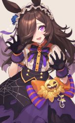 Rule 34 | 1girl, :d, animal ears, blush, bow, bowtie, brown hair, buttons, chorefuji, commentary request, eyelashes, fang, gloves, hair over one eye, hair ribbon, hands up, highres, long hair, looking at viewer, official alternate costume, open mouth, orange bow, purple eyes, purple ribbon, ribbon, rice shower (make up vampire!) (umamusume), rice shower (umamusume), shirt, short sleeves, skirt, smile, solo, star (symbol), star print, tongue, umamusume