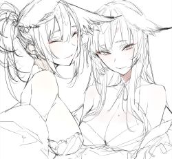 Rule 34 | 2girls, animal ears, bad id, bad twitter id, bare shoulders, blush, breasts, closed eyes, closed mouth, commentary, ears down, eyeshadow, fox ears, greyscale, large breasts, looking at viewer, makeup, mole, mole on breast, monochrome, multiple girls, off shoulder, original, shunsei (muratou), simple background, sketch, slit pupils, smile, symbol-only commentary, white background