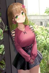Rule 34 | 1girl, absurdres, black skirt, blush, breasts, brown hair, closed mouth, clothing cutout, collarbone, commentary, english commentary, flower, green eyes, green hair, hair between eyes, hair flower, hair ornament, highres, long hair, long sleeves, looking at viewer, medium breasts, multicolored hair, original, own hands together, plaid, plaid skirt, pleated skirt, puffy long sleeves, puffy sleeves, red flower, red shirt, seero, shirt, shoulder cutout, skirt, sleeves past wrists, solo, two-tone hair