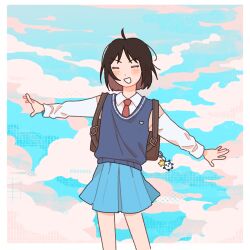 Rule 34 | 1girl, arms up, artist name, bag, bag charm, bare legs, black hair, blue skirt, blue sky, blue sweater vest, blush stickers, border, brown bag, charm (object), cloud, cloudy sky, collared shirt, commentary, day, dot nose, dress shirt, english commentary, facing viewer, feet out of frame, highres, iwakura mitsumi, kaogens, legs apart, long sleeves, necktie, outdoors, parted bangs, pleated skirt, red necktie, school bag, school uniform, shirt, short hair, skip to loafer, skirt, sky, smile, solo, sweater vest, v-shaped eyebrows, white border, white shirt