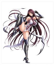 Rule 34 | 1girl, absurdres, action taimanin, boots, breasts, curvy, fuuma saika, high heel boots, high heels, highres, large breasts, leg up, leotard, lilith-soft, long hair, official art, shiny skin, simple background, skindentation, solo, taimanin (series), taimanin rpgx, white background, zol