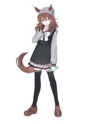 Rule 34 | 1girl, alternate color, animal ears, arm at side, beanie, black shirt, black skirt, black thighhighs, bow, bowtie, brown footwear, brown hair, candy, charan (4963 nkym), closed mouth, ears through headwear, food, full body, grey hat, hand up, hat, highres, holding, holding candy, holding food, horse ears, horse girl, horse tail, legs apart, loafers, long hair, long sleeves, looking at viewer, nakayama festa (umamusume), pink eyes, sailor collar, school uniform, shirt, shoes, simple background, skirt, smile, solo, standing, tail, thighhighs, tracen school uniform, umamusume, white background