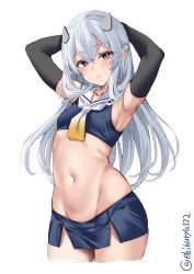 Rule 34 | 1girl, armpits, arms up, blush, breasts, cropped legs, ebifurya, grey eyes, grey hair, headgear, highres, i-203 (kancolle), kantai collection, long hair, looking at viewer, midriff, sailor collar, sideboob, simple background, small breasts, solo, twitter username, white background