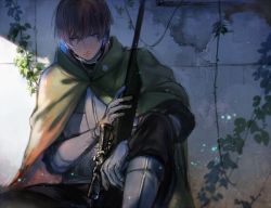 Rule 34 | 1boy, black pants, blue eyes, boots, brown hair, cloak, closed mouth, frown, gloves, green cloak, gun, headset, knee up, long sleeves, looking away, lupicam, male focus, microphone, narasaka touru, pants, pants tucked in, plant, rifle, shade, sitting, solo, uniform, vines, wall, weapon, world trigger