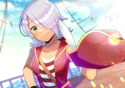 Rule 34 | 1girl, bare shoulders, blurry, blurry background, breasts, closed mouth, cloud, cloudy sky, collarbone, commentary request, copyright request, day, depth of field, feathers, green eyes, grey hair, hair over one eye, hat, hat feather, jacket, kou hiyoyo, looking at viewer, medium breasts, open clothes, open jacket, outdoors, pirate hat, pirate ship, red hat, red jacket, shirt, sky, sleeveless, sleeveless jacket, smile, solo, striped clothes, striped shirt, unworn hat, unworn headwear, virtual youtuber, white feathers