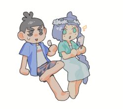 Rule 34 | 1boy, 1girl, asymmetrical hair, bags under eyes, barefoot, black eyes, black hair, black shorts, blue hair, blue shirt, braid, braided ponytail, chibi, crop top, crossed legs, double popsicle, dress, failure, flower, food, godzillapigeon1, green eyes, green shirt, half-closed eyes, hands up, head wreath, highres, holding, holding food, invisible chair, legs together, long hair, looking at another, looking to the side, matching hair/eyes, mole, mole under eye, nervous smile, notice lines, open clothes, open mouth, open shirt, popsicle, scissor seven, seven (scissor seven), shirt, short hair, short sleeves, shorts, side ponytail, simple background, single braid, sitting, sketch, smile, star (symbol), star print, surprised, sweat, thick eyebrows, thirteen (scissor seven), topknot, undershirt, v-shaped eyebrows, very long hair, white background, white dress, white flower, white shirt, wide-eyed