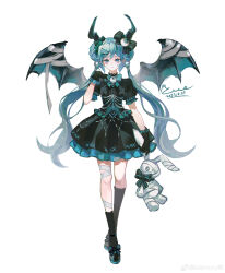Rule 34 | 1girl, 2023, absurdres, alternate costume, aqua bow, aqua dress, arrow (symbol), bandaged ear, bandaged wings, bat wings, black dress, black footwear, black horns, black socks, blue hair, bow, chinese commentary, closed mouth, commentary request, corset, dated, diamond (shape), dress, eye hair ornament, facial tattoo, footwear bow, frilled dress, frills, full body, hatsune miku, highres, holding, holding stuffed toy, horns, kneehighs, leg ribbon, long hair, looking at viewer, mie haha, ribbon, signature, simple background, socks, solo, standing, stuffed animal, stuffed rabbit, stuffed toy, tachi-e, tattoo, twintails, two-tone dress, vocaloid, weibo logo, weibo watermark, white background, white ribbon, wings, x