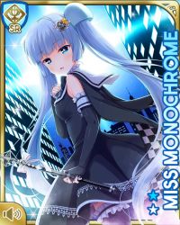 Rule 34 | 1girl, :o, black dress, black footwear, blue eyes, blunt bangs, card, character name, checkered clothes, checkered legwear, city, dress, girlfriend (kari), magical girl, miss monochrome, miss monochrome (character), night, official art, open mouth, outdoors, qp:flapper, skirt, solo, standing, tagme, thighhighs, twintails, wand, white hair