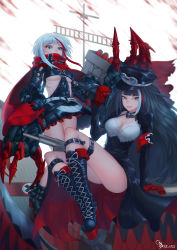 Rule 34 | 2girls, absurdres, admiral graf spee (azur lane), aqua eyes, arm support, armband, azur lane, black dress, black hair, blunt bangs, boots, breasts, chinese commentary, cleavage, clothing cutout, collar, commentary request, cross, dated, deutschland (azur lane), dress, eyeshadow, gauntlets, highres, iron cross, knee boots, long hair, long sleeves, looking at viewer, machinery, makeup, medium breasts, multicolored hair, multiple girls, platform footwear, playing with own hair, r84265, red hair, scarf, sharp teeth, short hair, signature, sitting, standing, streaked hair, teeth, thigh strap, underboob, underboob cutout, white hair