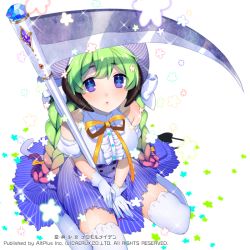 Rule 34 | 1girl, bad id, bad pixiv id, braid, donacoo, gradient hair, green hair, hat, hen-shin-shou-jo metamol maiden, holding, long hair, looking at viewer, multicolored hair, official art, original, parted lips, purple eyes, scythe, simple background, sitting, solo, thighhighs, twin braids, twintails, white background, yuuhi homare, zettai ryouiki