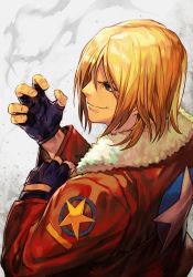 Rule 34 | 1boy, blonde hair, blue eyes, closed mouth, fatal fury, fingerless gloves, gloves, hungry clicker, jacket, male focus, garou: mark of the wolves, simple background, smile, snk, solo, terry bogard, the king of fighters