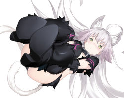 Rule 34 | 1girl, ahoge, animal ears, atalanta alter (fate), atalanta (fate), belt collar, blush, boots, cat ears, cat tail, closed mouth, collar, commentary request, fate/grand order, fate (series), floating hair, green eyes, high heel boots, high heels, km yama, legs up, long hair, looking at viewer, multiple tails, shoe soles, short sleeves, silver hair, simple background, solo, tail, thighhighs, two tails, very long hair, white background