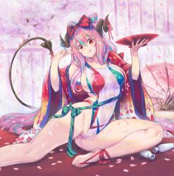 Rule 34 | 1girl, alcohol, blue hair, breasts, cherry blossoms, commentary request, cup, demon girl, demon horns, demon tail, floral print, gradient kimono, highleg, highleg swimsuit, highres, horns, japanese clothes, kimono, kiyama satoshi, large breasts, long hair, looking at viewer, multicolored clothes, multicolored hair, multicolored swimsuit, nakajima pepero, oil-paper umbrella, one-piece swimsuit, original, petals, pink hair, pointy ears, red eyes, red kimono, red ribbon, ribbed swimsuit, ribbon, sakazuki, sake, saucer, sideboob, sitting, solo, streaked hair, swimsuit, tail, tokkuri, umbrella, v, virtual youtuber, wet, wet clothes, wet swimsuit, white one-piece swimsuit, yokozuwari
