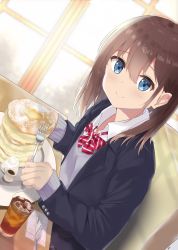 Rule 34 | 1girl, 7 calpis 7, black jacket, blazer, blue eyes, blush, bow, brown hair, closed mouth, collared shirt, commentary request, cup, diagonal stripes, drink, drinking glass, dutch angle, food, fork, grey sweater, hair between eyes, highres, holding, holding fork, ice, ice cube, indoors, jacket, knife, long hair, long sleeves, looking at viewer, open clothes, open jacket, original, pancake, pancake stack, plate, red bow, school uniform, shirt, sitting, sleeves past wrists, smile, solo, striped, striped bow, sweater, table, upper body, white shirt