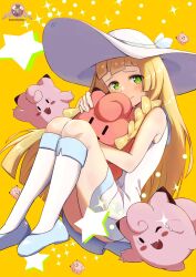 Rule 34 | 1girl, asada yo, ass, blonde hair, blue footwear, blunt bangs, braid, clefairy, creatures (company), doll, dress, game freak, gen 1 pokemon, green eyes, hat, highres, holding, holding doll, knees up, light smile, lillie (pokemon), long hair, looking at viewer, nintendo, pokemon, pokemon sm, sleeveless, sleeveless dress, socks, sparkle, star (symbol), sun hat, twin braids, white dress, white headwear, white socks, worried, yellow background