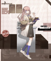 Rule 34 | 1girl, apron, blue eyes, blue necktie, blue socks, brown background, brown jacket, character name, clipboard, closed mouth, coffee maker, coffee mug, commentary, copyright name, cup, english commentary, english text, expressionless, full body, girls&#039; frontline, green apron, hair ornament, highres, holding, holding clipboard, holding menu, holding pen, jacket, kneehighs, light brown hair, long hair, long skirt, looking at viewer, menu, menu board, mug, multicolored background, multicolored hair, necktie, off shoulder, official alternate costume, official art, one side up, pen, plaid, plaid shirt, promotional art, second-party source, shirt, shoes, short necktie, short sleeves, simple background, skirt, socks, solo, st ar-15 (girls&#039; frontline), st ar-15 (owl latte) (girls&#039; frontline), standing, streaked hair, umo (mica team), waitress, white background, white footwear, white shirt, white skirt