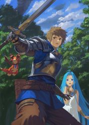 Rule 34 | 1boy, 1girl, ahoge, armor, belt, blue eyes, blue hair, blue shirt, blue sky, bracelet, breastplate, brown eyes, brown hair, brown pants, character request, cloud, day, dragon, fighting stance, flying, forest, gloves, granblue fantasy, highres, holding, holding sword, holding weapon, jewelry, legs apart, long hair, nature, open mouth, outdoors, pants, scared, shirt, sky, sword, tree, very long hair, vyrn (granblue fantasy), wasabi60, weapon