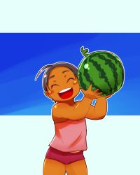 Rule 34 | 1girl, black hair, child, closed eyes, food, fruit, open mouth, short hair, simple background, smile, solo, squarewave, tan, tanline, watermelon