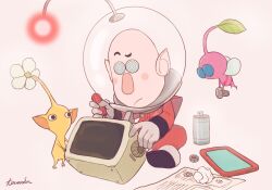 Rule 34 | 1boy, alien, artist name, backpack, bag, bald, big nose, black eyes, blue eyes, blueprint (object), bolt (hardware), boots, closed mouth, colored skin, commentary request, computer, crumpled paper, flag, flying, frown, gauge, gloves, helmet, highres, holding, holding screwdriver, insect wings, jumpsuit, leaf, light blush, looking at object, nintendo, no mouth, novelty glasses, pikmin (creature), pikmin (series), pikmin 4, pink skin, pointy ears, radio antenna, raised eyebrow, red bag, red jumpsuit, red light, round eyewear, russ (pikmin), screw, screwdriver, signature, sitting, solid circle eyes, space helmet, spacesuit, tablet pc, thick eyebrows, toumin (touminmin1026), whistle, white background, white flag, white footwear, white gloves, winged pikmin, wings, yellow pikmin, yellow skin
