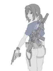 Rule 34 | 1girl, absurdres, ammunition pouch, ass, blue shirt, cardiogram, commentary request, from behind, gloves, goggles, goggles on head, gun, gun on back, gun sling, handgun, highres, holding, holding gun, holding weapon, looking at viewer, looking back, original, pants, ponytail, pouch, shirt, short sleeves, simple background, solo, suppressor, sw50bmg, swept bangs, trigger discipline, watch, weapon, weapon on back, weapon request, white background, wristwatch