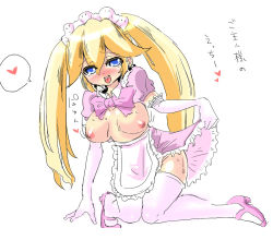 Rule 34 | 1girl, alternate costume, alternate hairstyle, apron, ass, blonde hair, blue eyes, blush, breasts, breasts apart, breasts out, clothes lift, dot nose, elbow gloves, enmaided, facing viewer, flashing, full body, gloves, kerger360, kneeling, knees together feet apart, large breasts, lifted by self, looking at viewer, maid, maid headdress, mario (series), mary janes, naked apron, naughty face, nintendo, nipples, pink footwear, pink gloves, pink thighhighs, princess peach, shoes, simple background, skirt, skirt lift, smile, solo, straight-on, super mario bros. 1, thighhighs, translated, twintails, upskirt, waist apron, waitress, white background